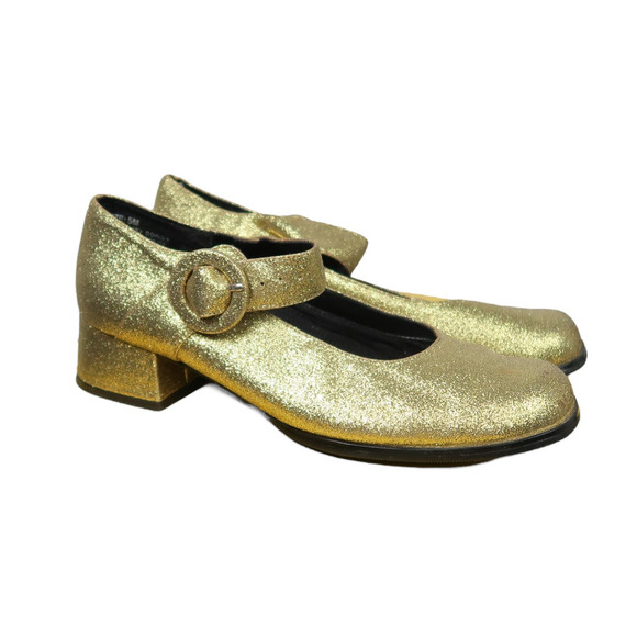 Vintage 90s Hush Puppies gold glitter mary-jane strap heeled shoes 5 - Picture 3 of 9